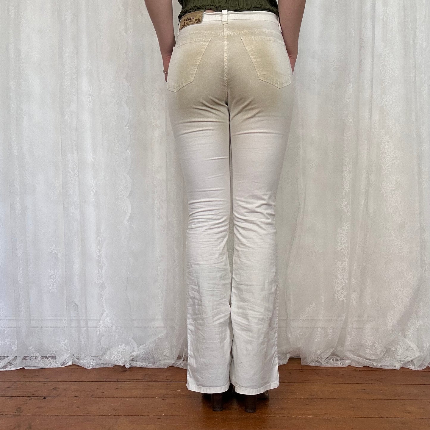 vintage 00s white washed-effect flared trousers