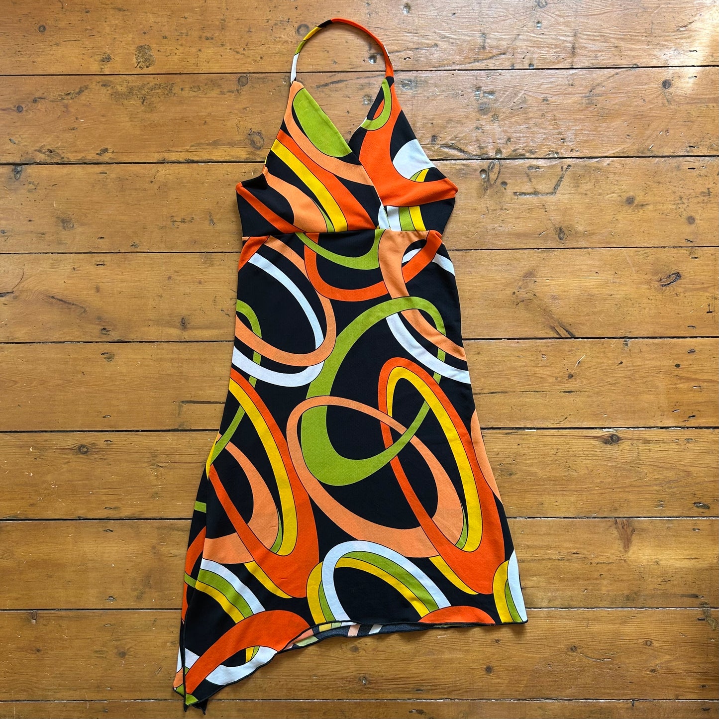vintage 00s funky patterned asymmetrical halter dress