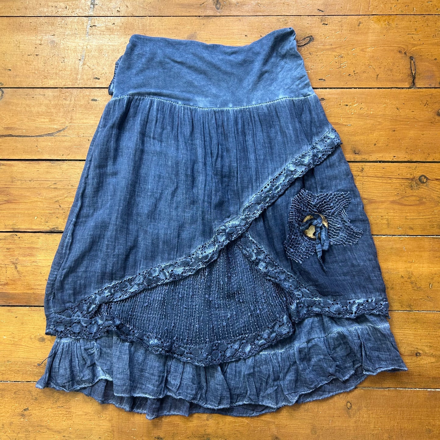 vintage 00s ink blue crochet detail midi skirt