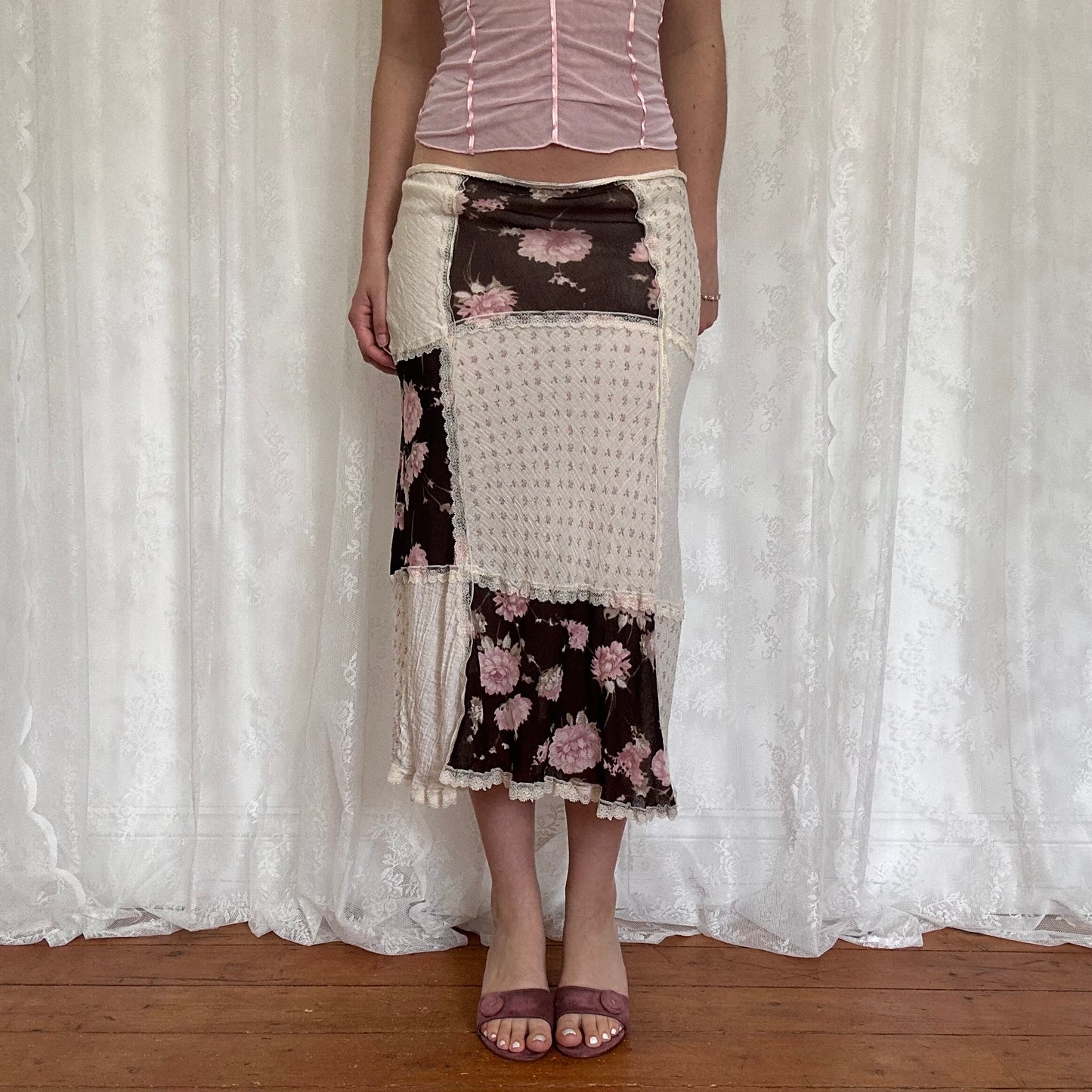 vintage 00s cream brown and pink floral patchwork midi skirt