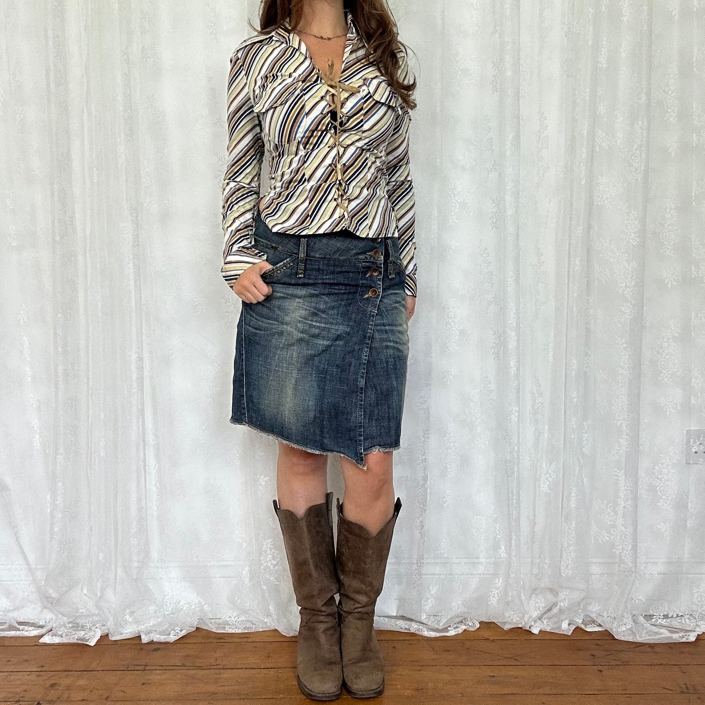 vintage 00s brown and blue stripe corset tie up shirt