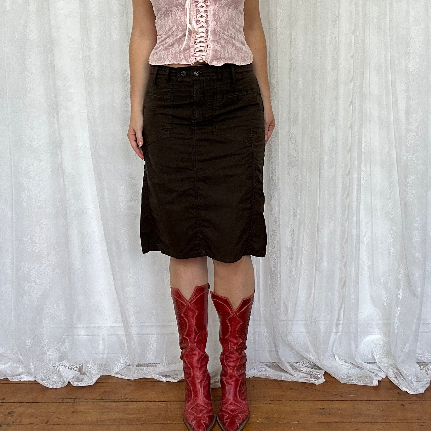 vintage 00s brown cargo midi skirt
