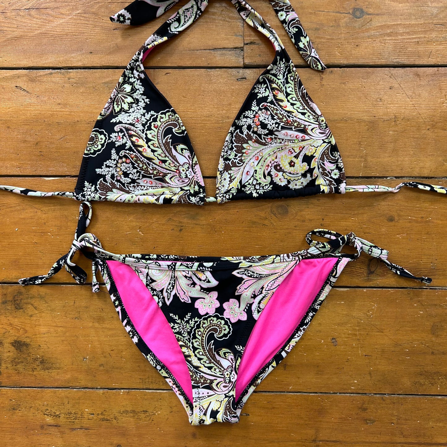 vintage 00s black paisley beaded sequin bikini set