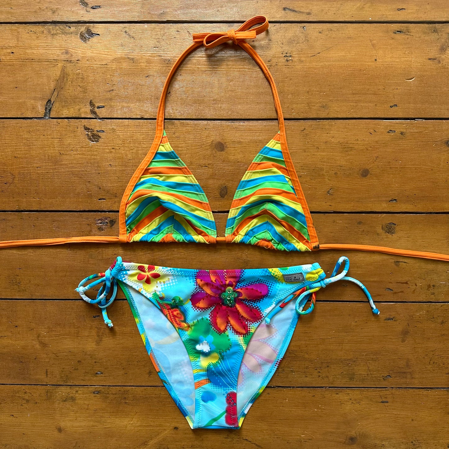 vintage 00s striped bikini top and beaded floral bottoms