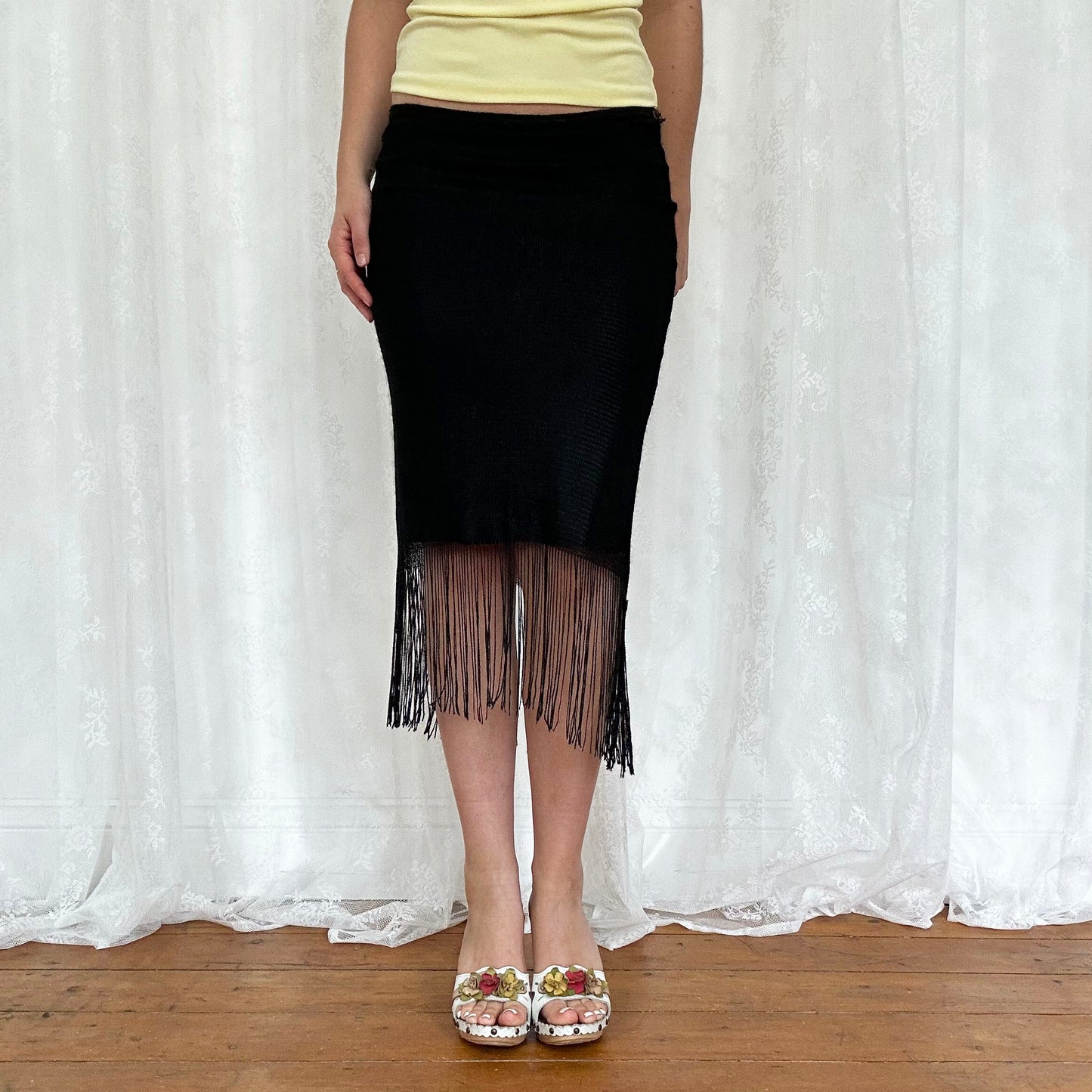 vintage 00s black crochet tassle midi skirt