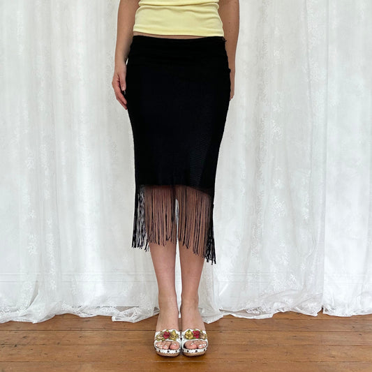 vintage 00s black crochet tassle midi skirt