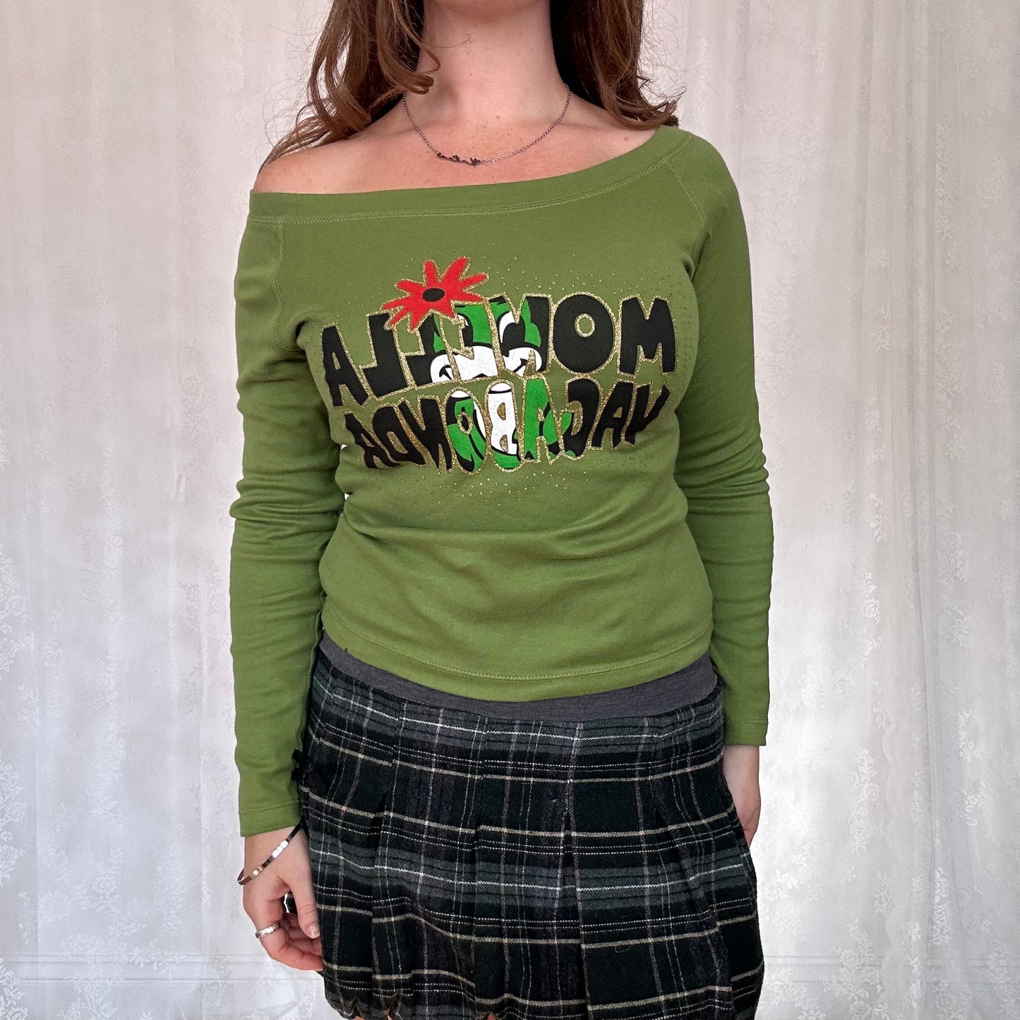 vintage 00s khaki graphic long sleeve top