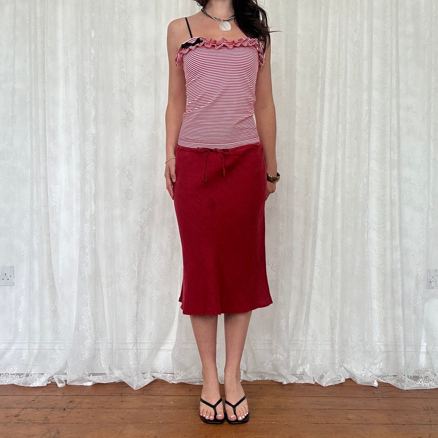 vintage 00s red striped ruffle cami
