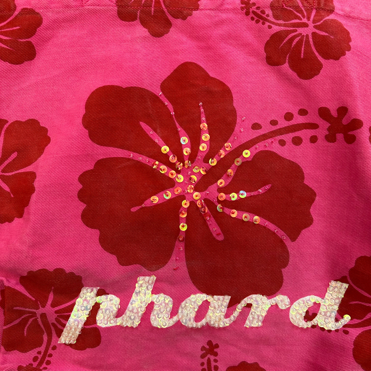 vintage 00s pink beaded hibiscus tote bag