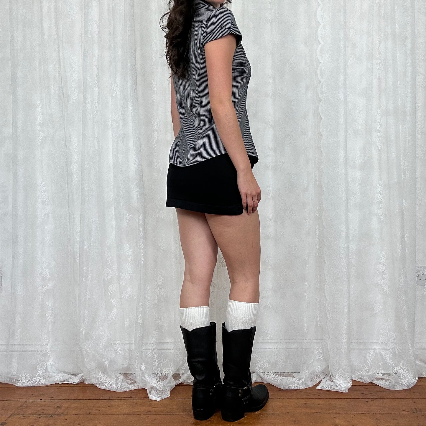 vintage 00s grey and black striped shirt with bow pockets