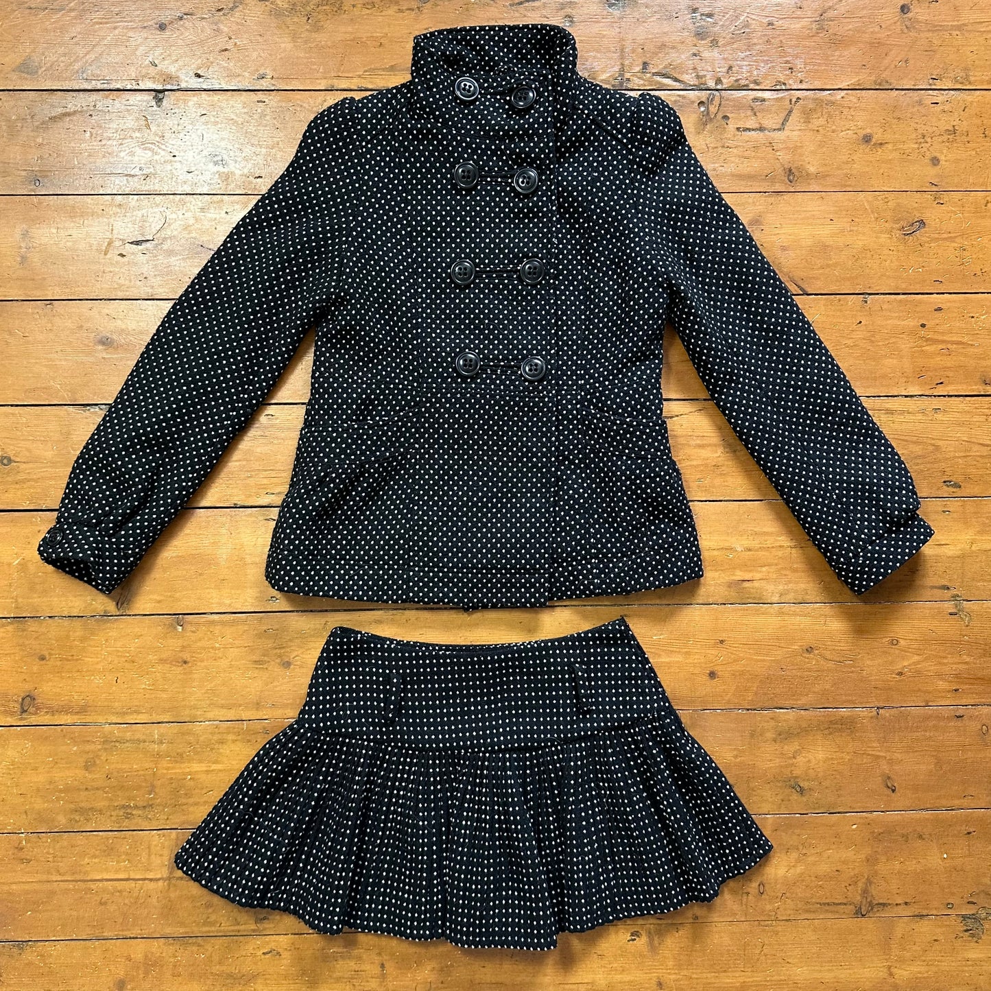vintage 00s black and white polka dot trench coat and mini skirt co ord