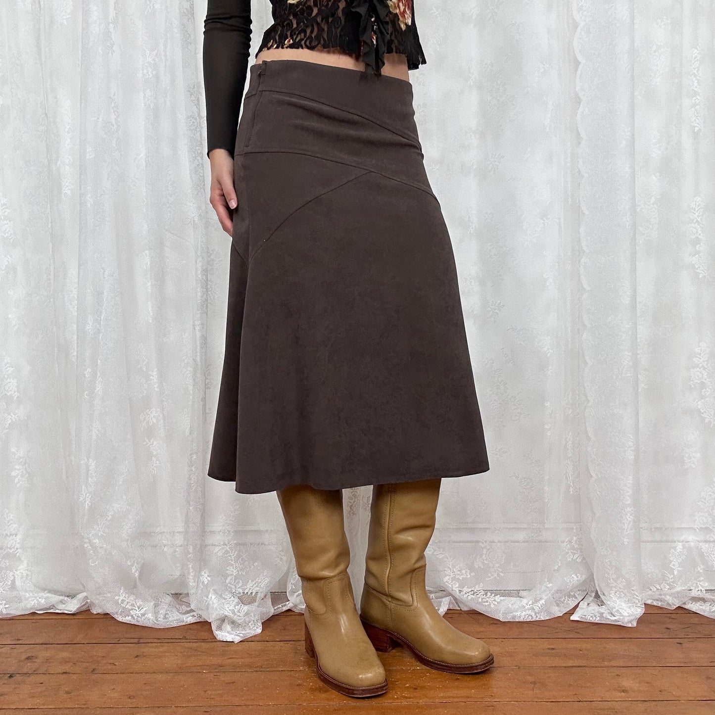 vintage 00s brown suedette midi skirt