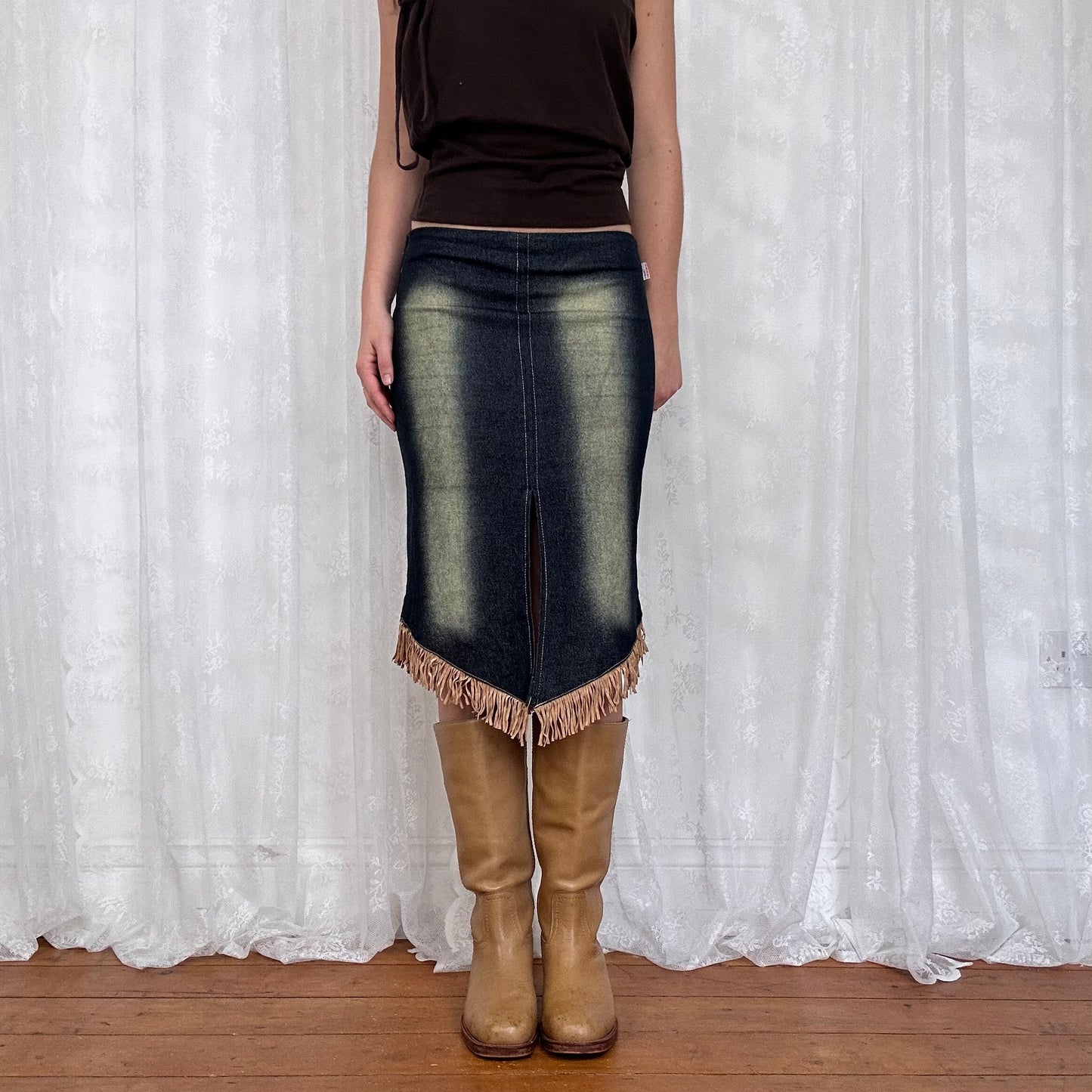 vintage 00s dark wash fringe midi skirt