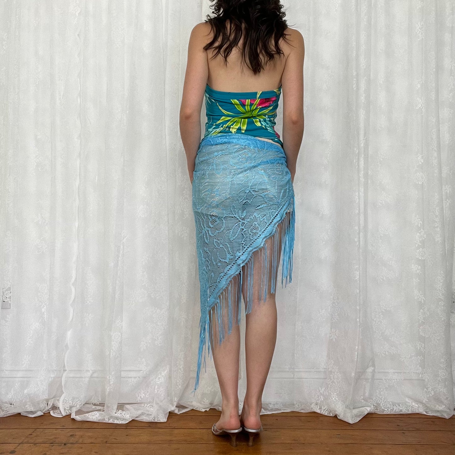 vintage 00s blue crochet tassel wrap skirt / shawl