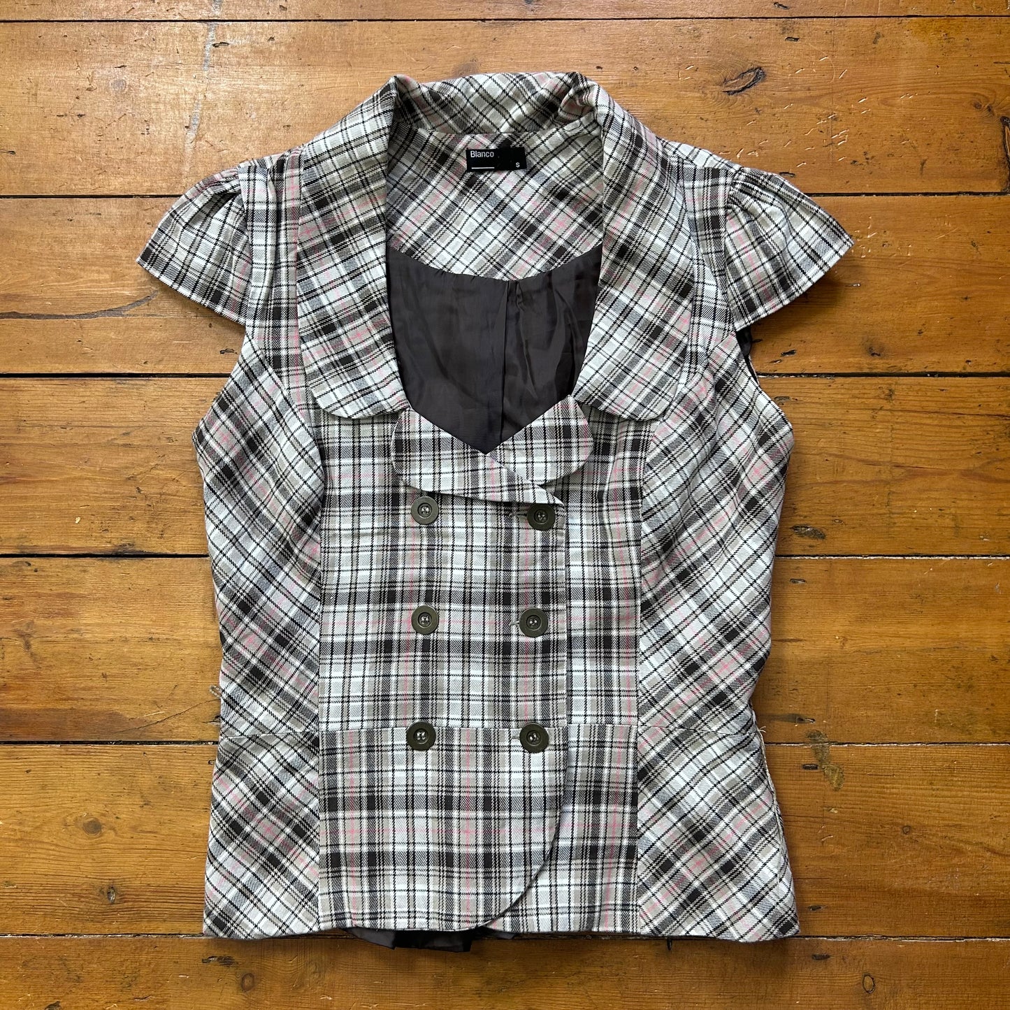 vintage 00s brown checkered short sleeve peacoat