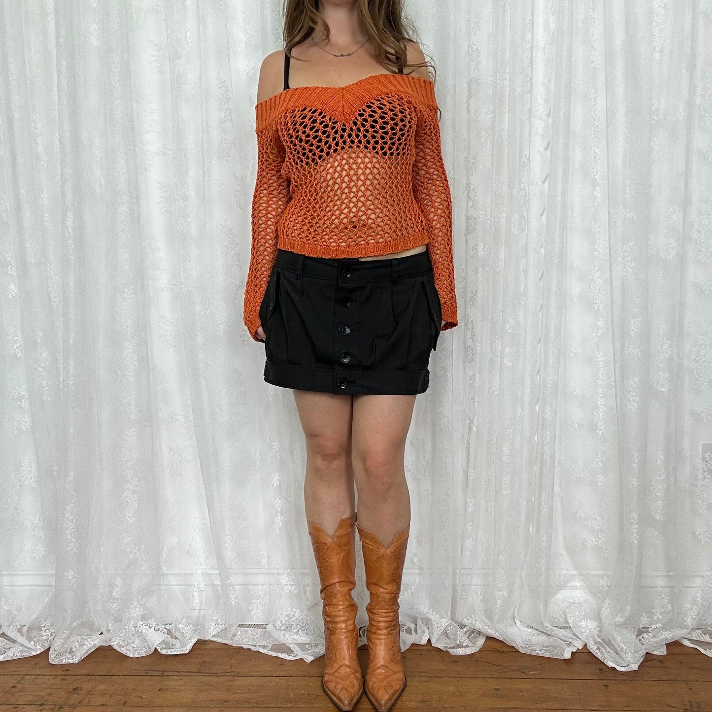 vintage 00s orange crochet v knit jumper