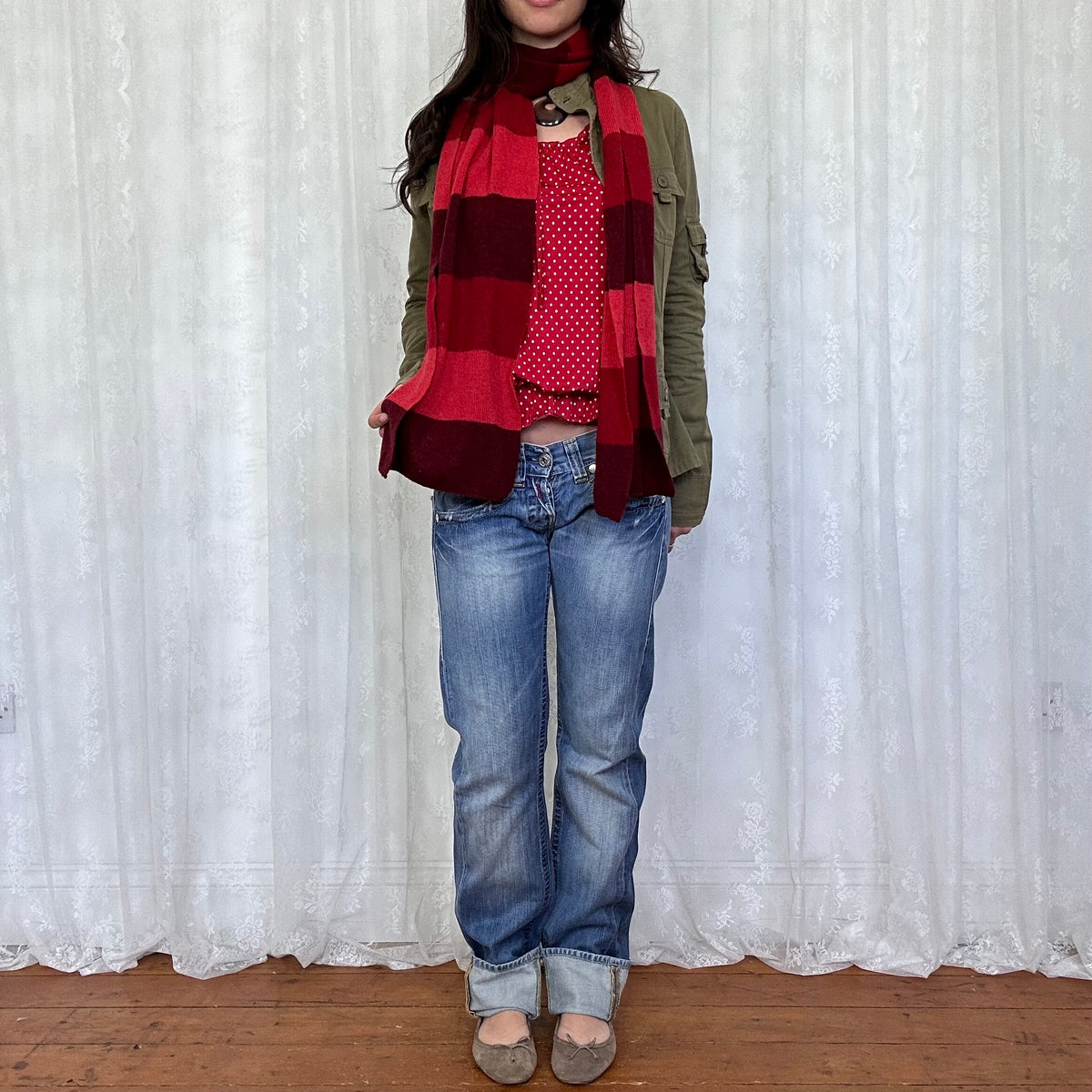 vintage 00s red stripey knit scarf