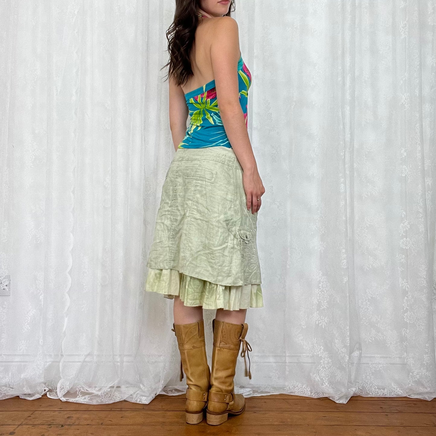 vintage 00s blue floral halterneck cami