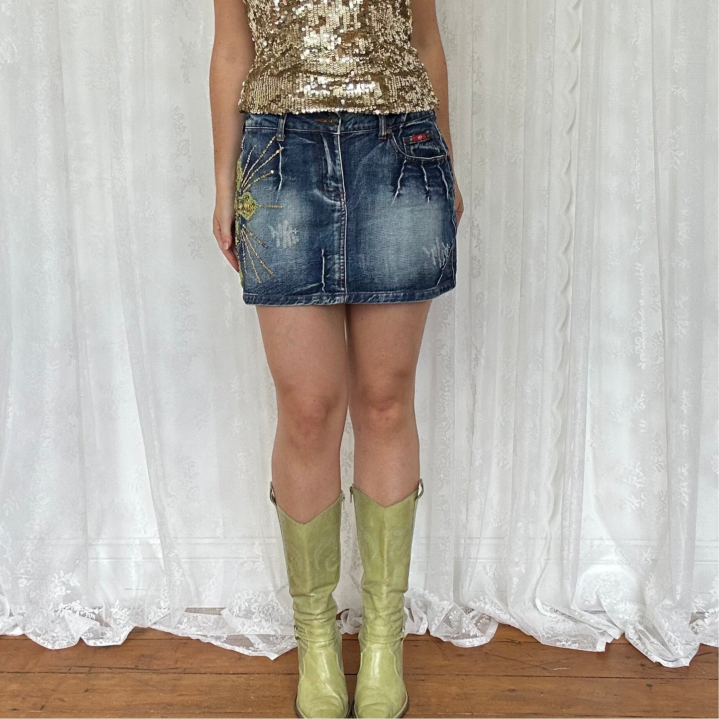 vintage 00s denim mini skirt with gold cross