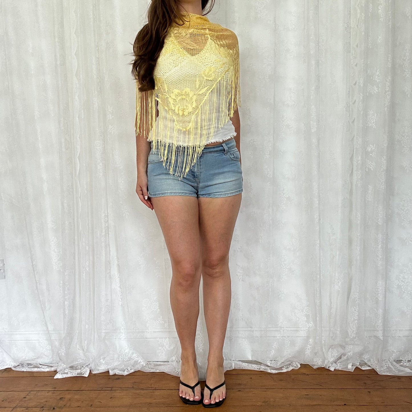 vintage 00s yellow crochet tassel wrap skirt / shawl