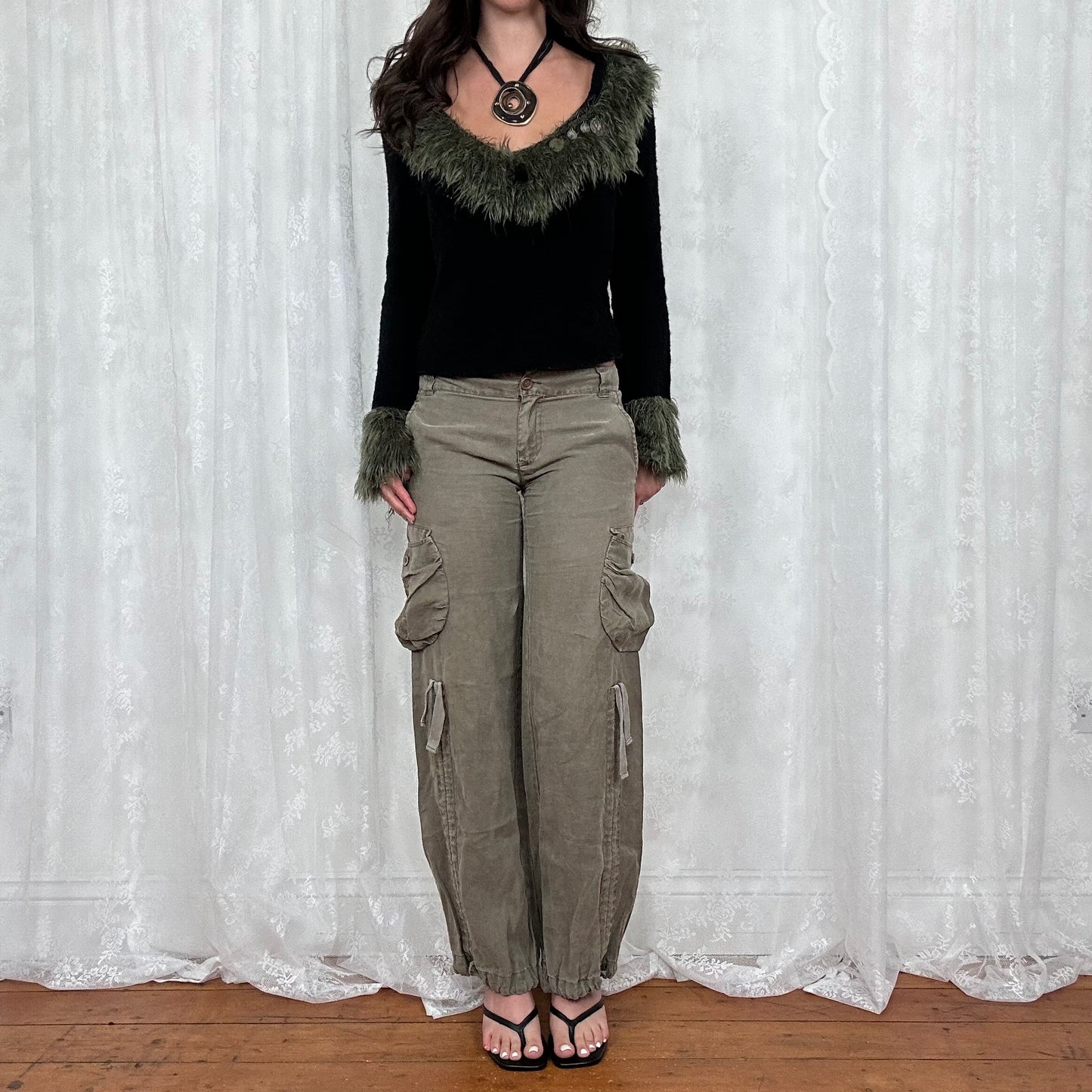 vintage 00s khaki low rise desigual cargos with embroidery