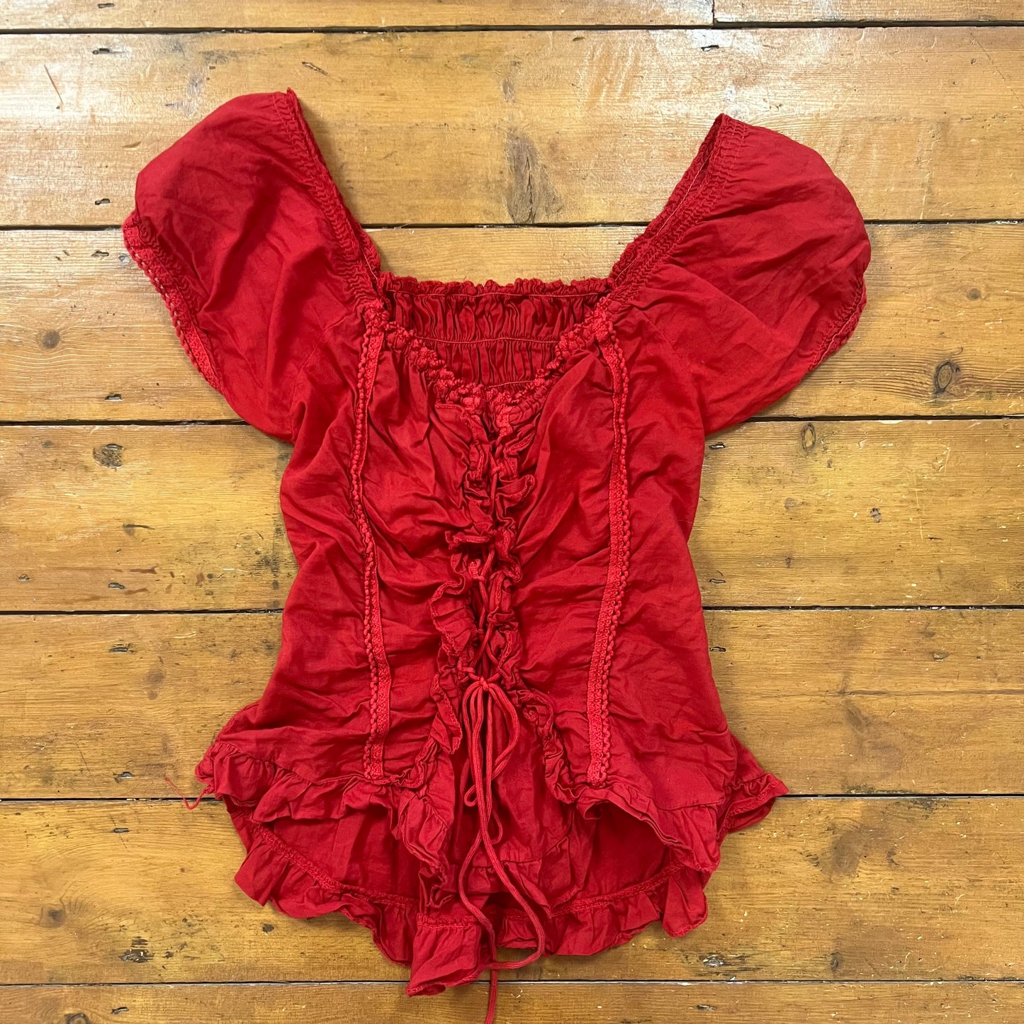 vintage 00s red lace up milkmaid top