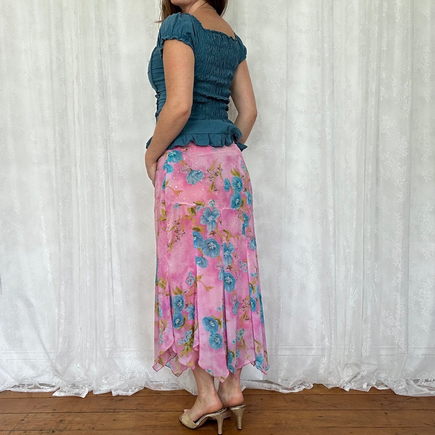 vintage 00s petrol blue tie up milkmaid top