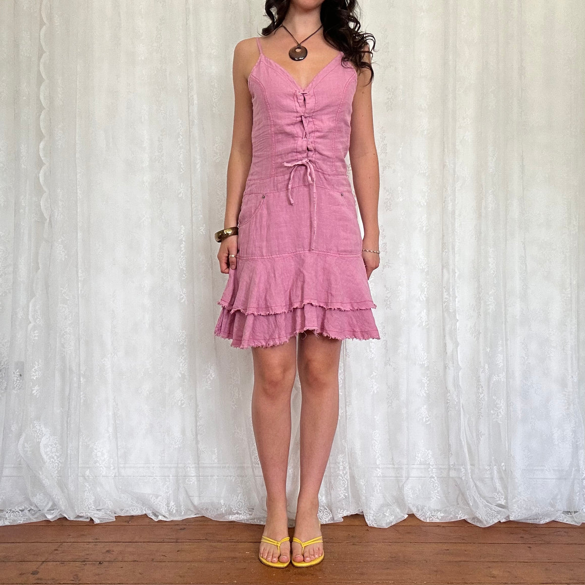 vintage 00s pink linen lace up midi dress
