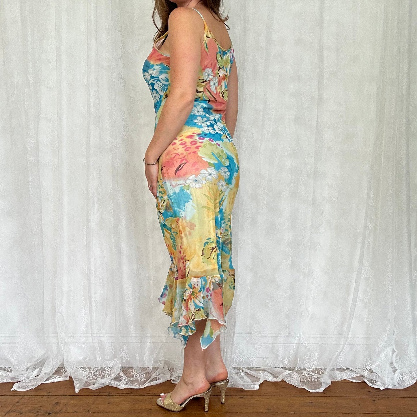 vintage 00s floral mesh midi dress