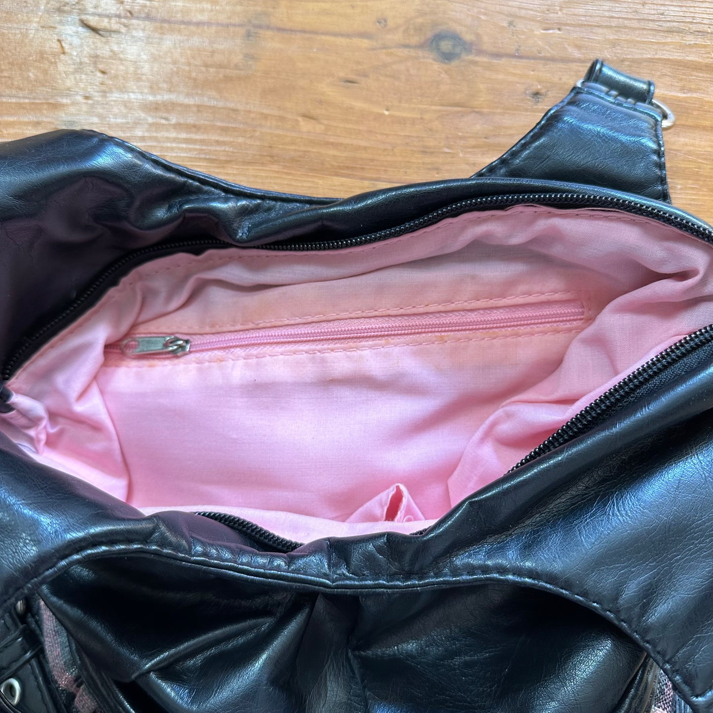 vintage 00s black PU shoulder bag with grey and pink tartan