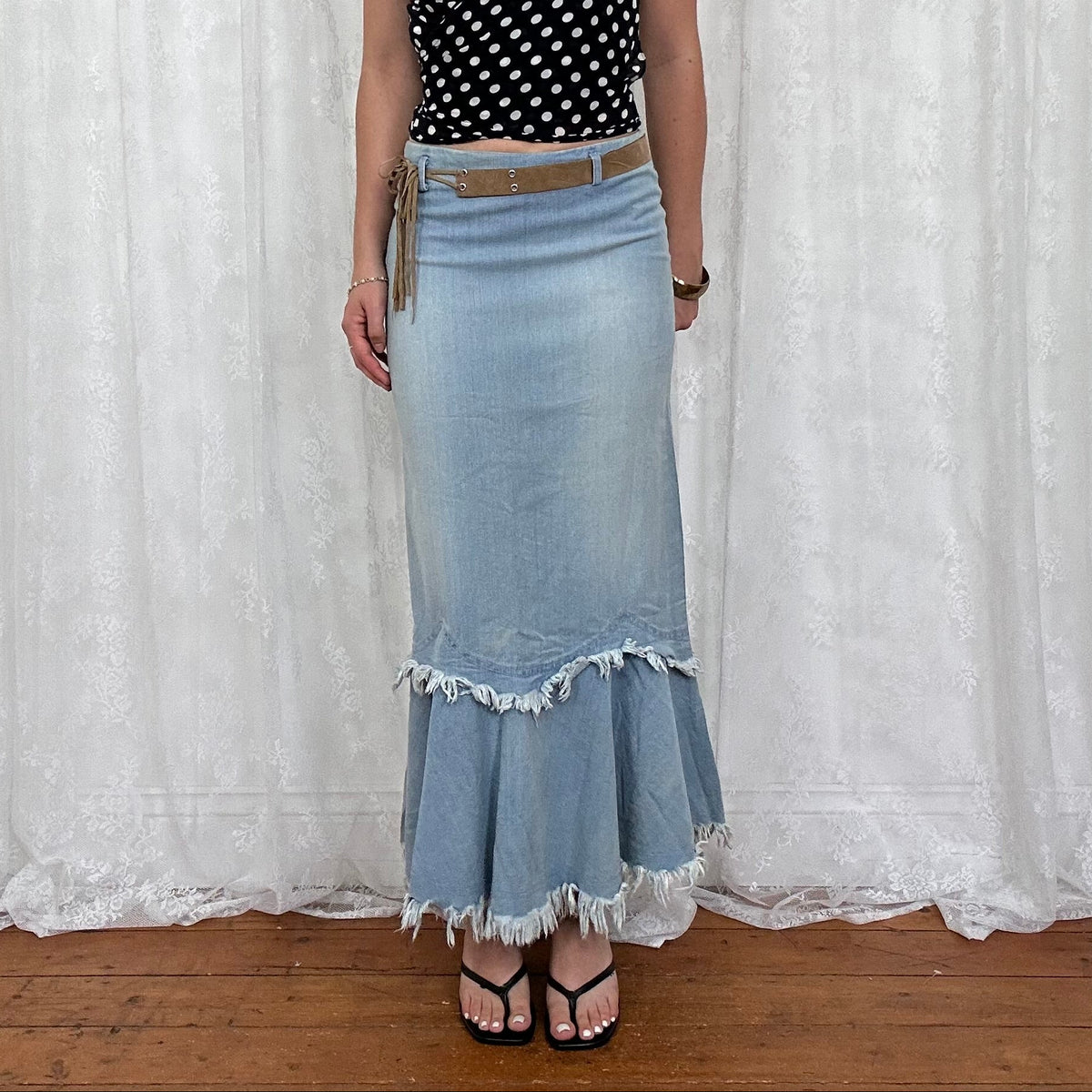 vintage 00s denim fishtail maxi skirt with attached belt