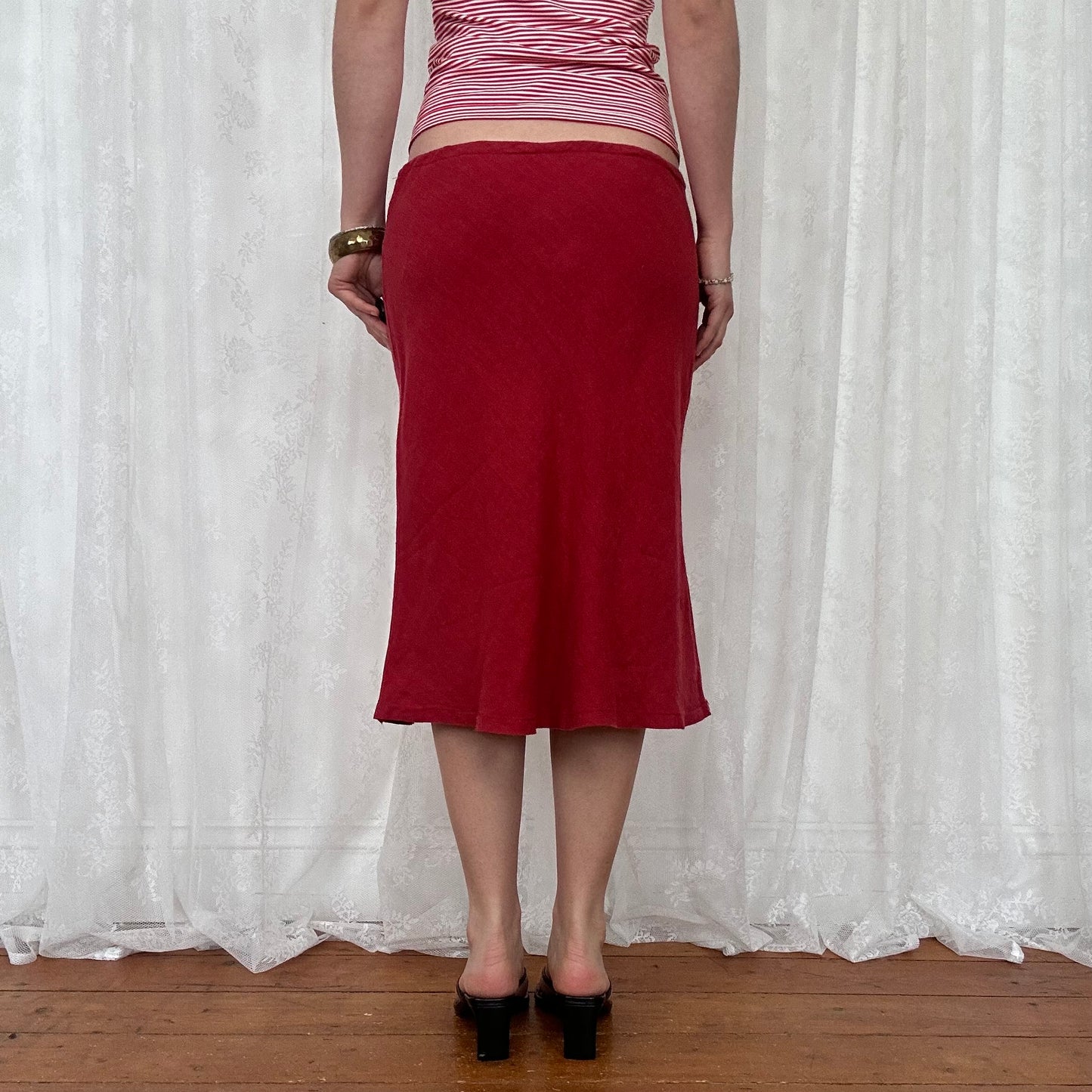 vintage 00s red linen drawstring waist midi skirt
