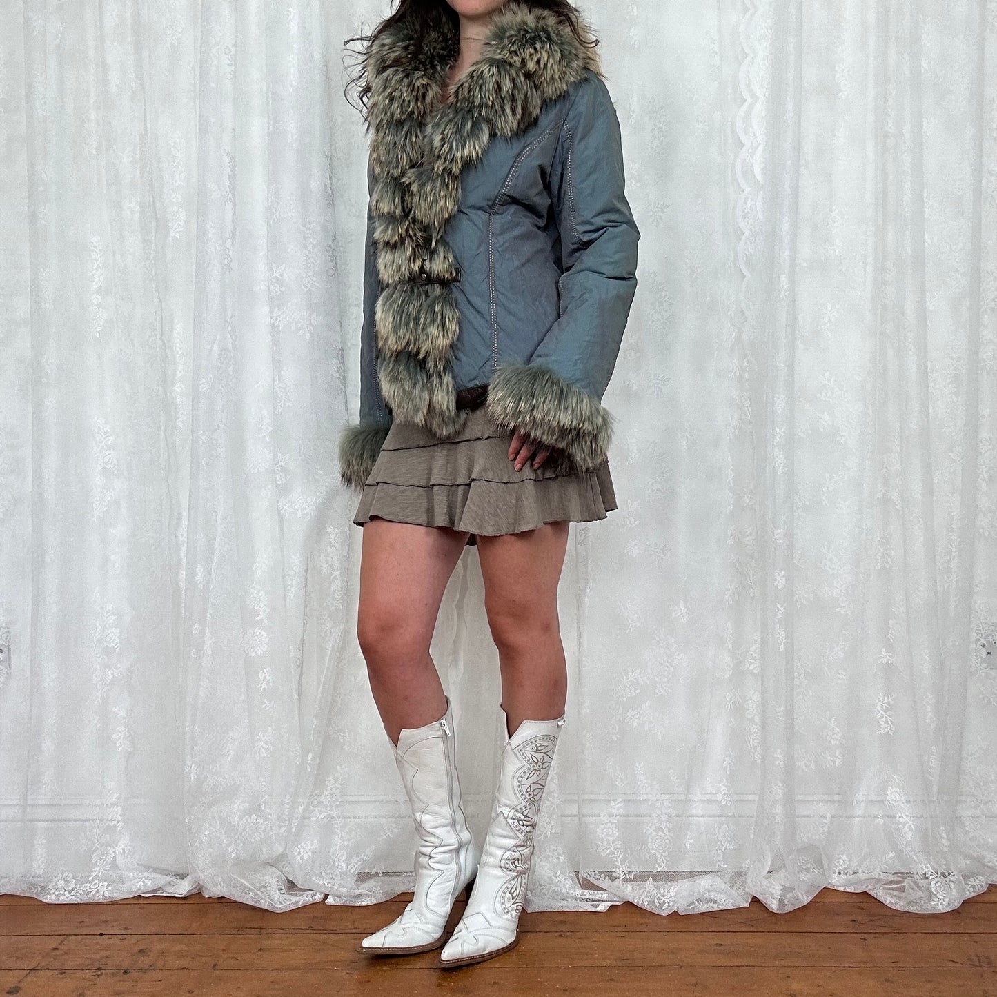 vintage 00s blue padded afghan jacket with faux fur trim and buckles