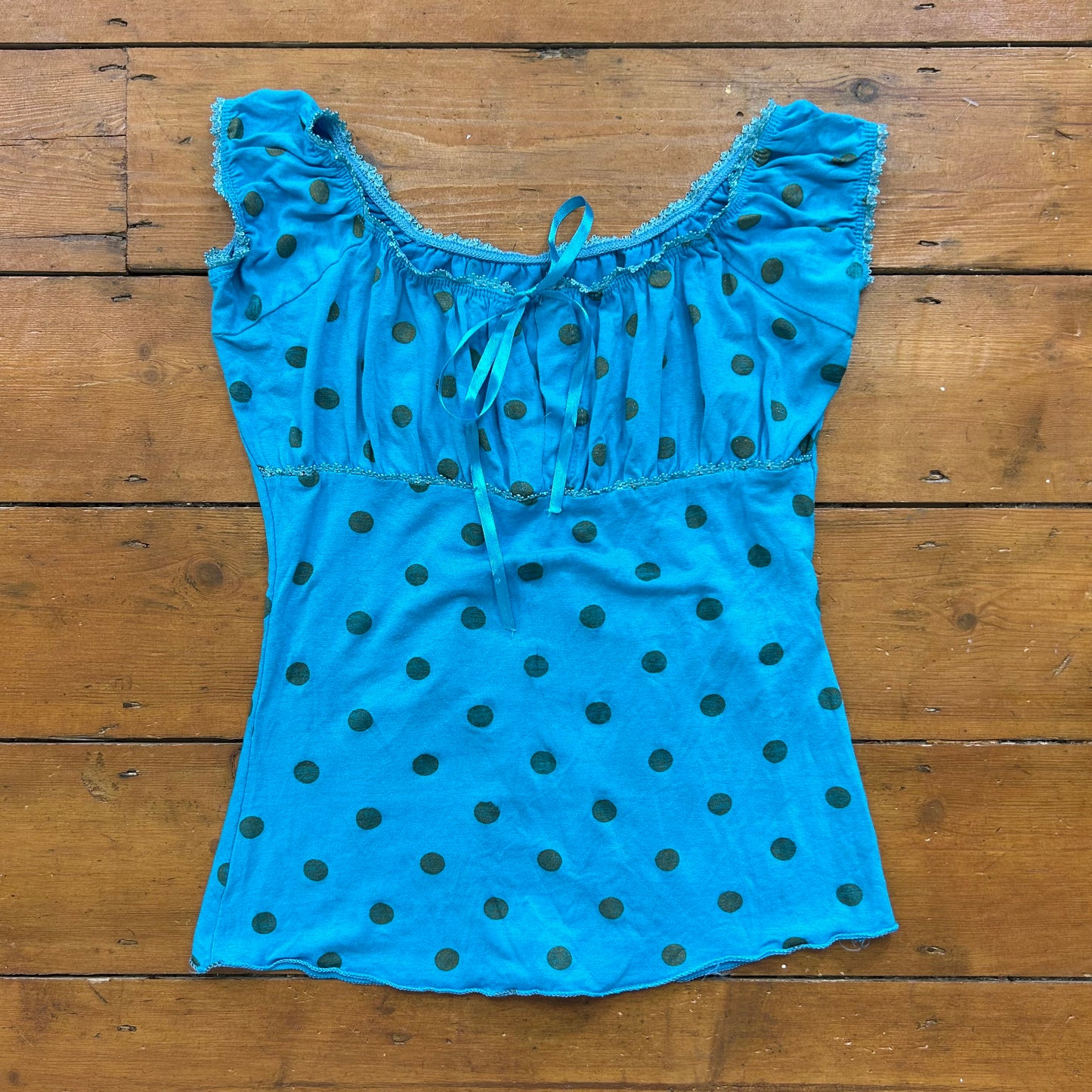 vintage 00s blue polka dot milkmaid top