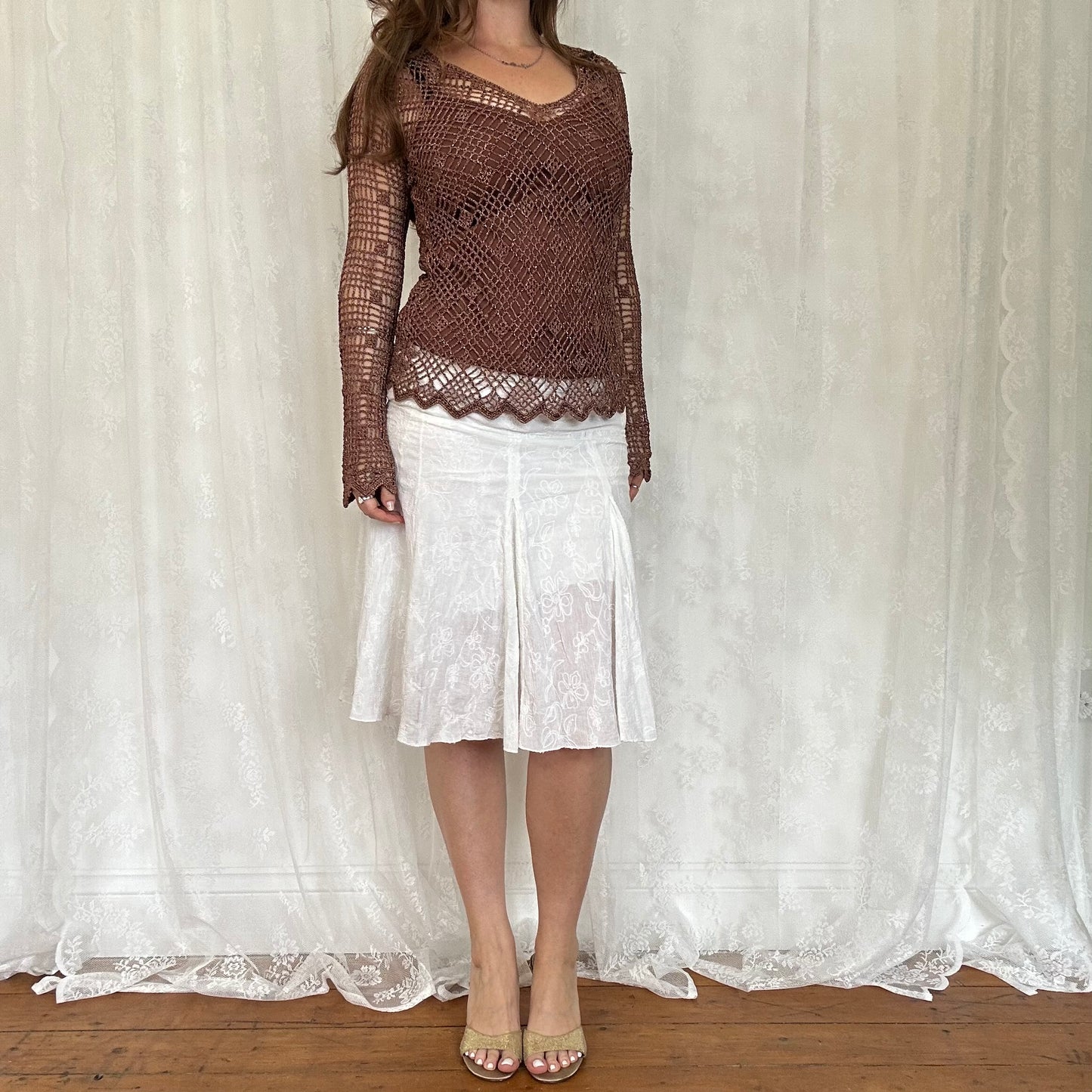 vintage 00s brown crochet long sleeve top with cami underlay