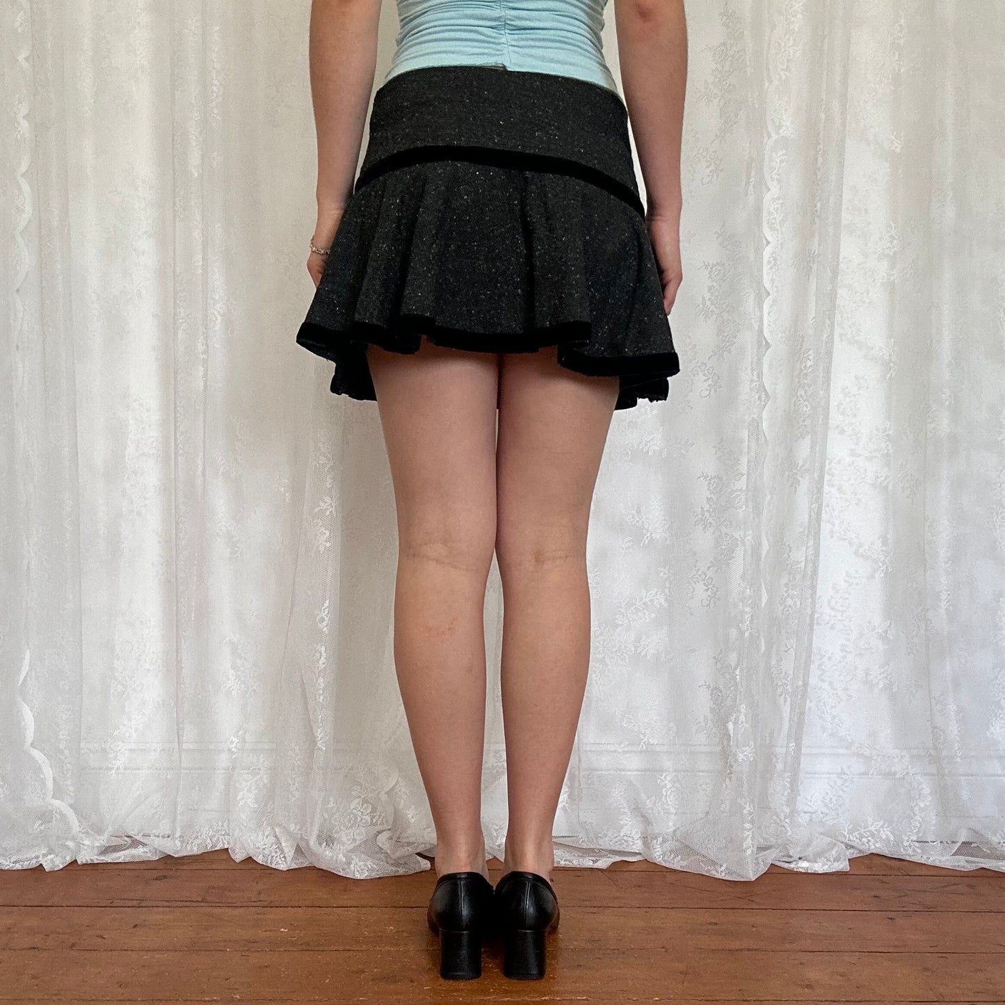 vintage 00s grey tweed office siren mini skirt
