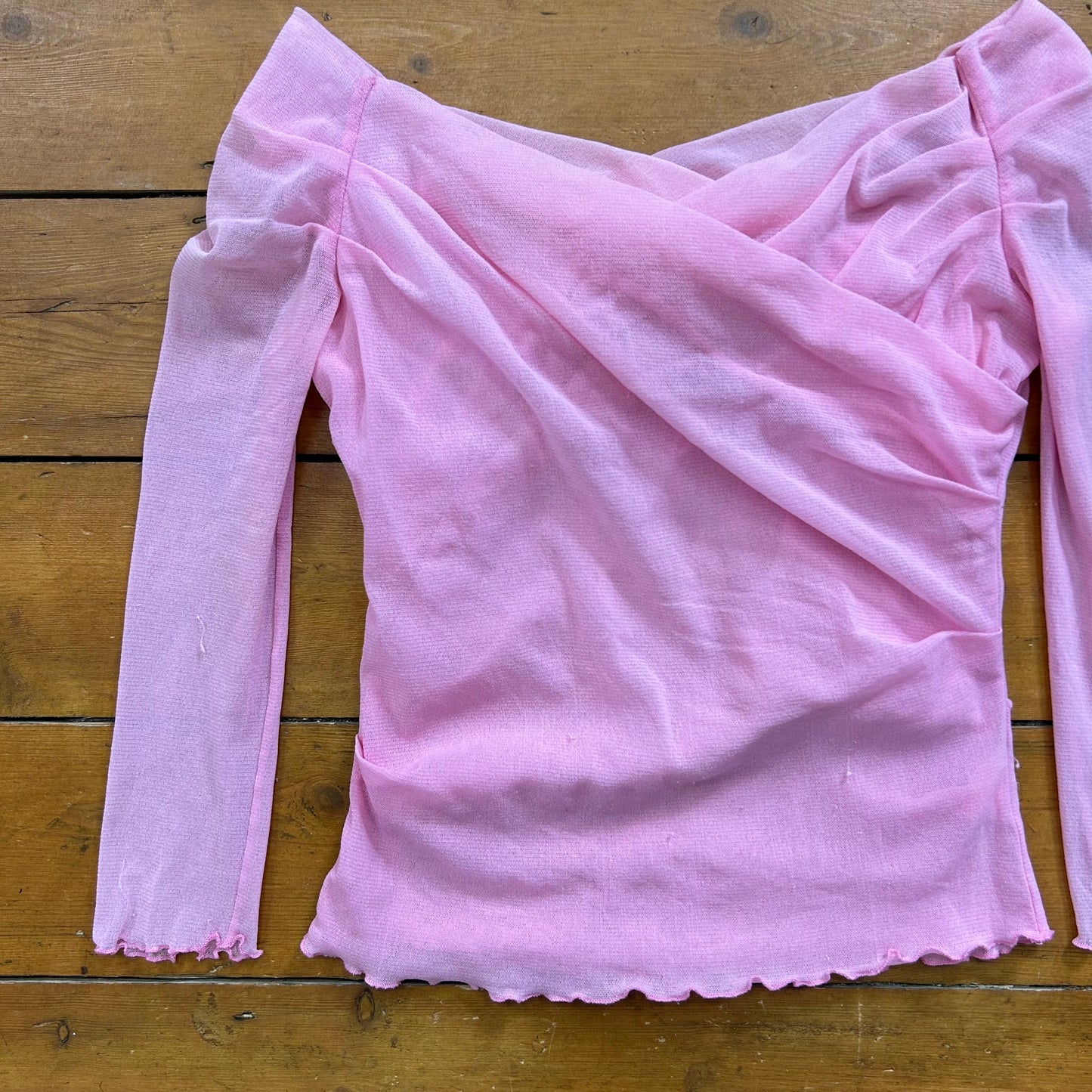 vintage 00s pink mesh cross over crop sleeve top