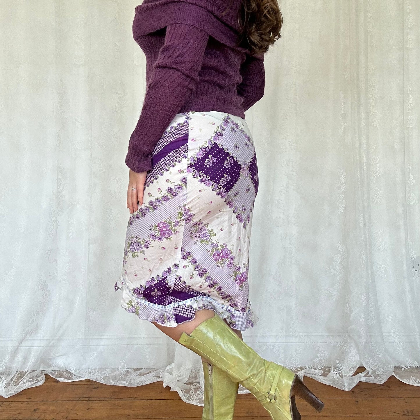 vintage 00s purple floral patchwork asymmetrical midi skirt