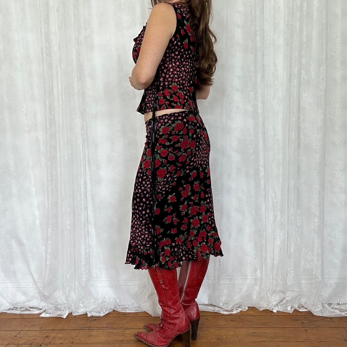 vintage 00s black floral print mesh skirt and top co ord