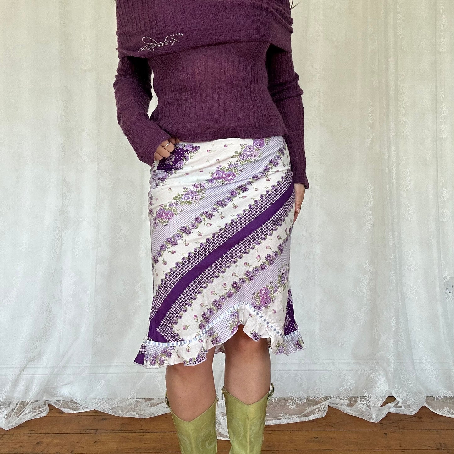 vintage 00s purple floral patchwork asymmetrical midi skirt