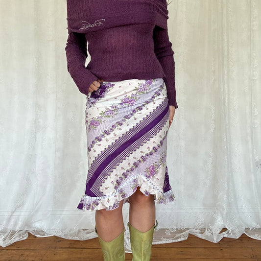 vintage 00s purple floral patchwork asymmetrical midi skirt