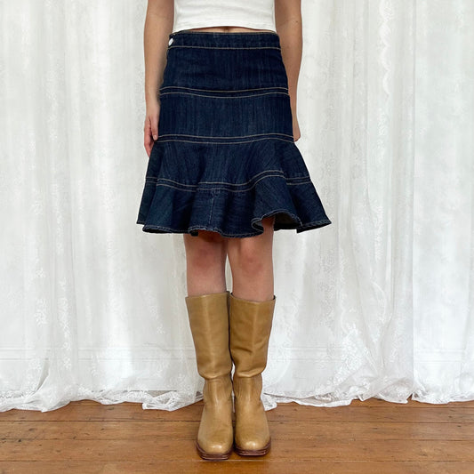 vintage 00s dark denim tiered midi skirt