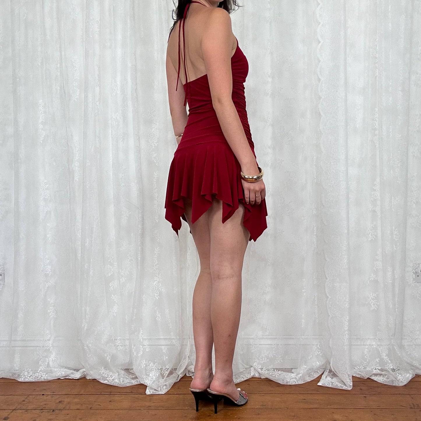 vintage 00s red ruched halter mini dress
