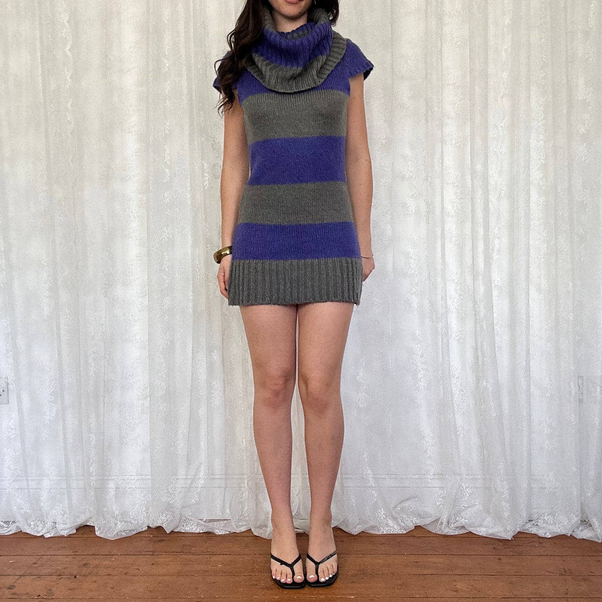 vintage 00s grey and purple striped cowl neck jumper dress