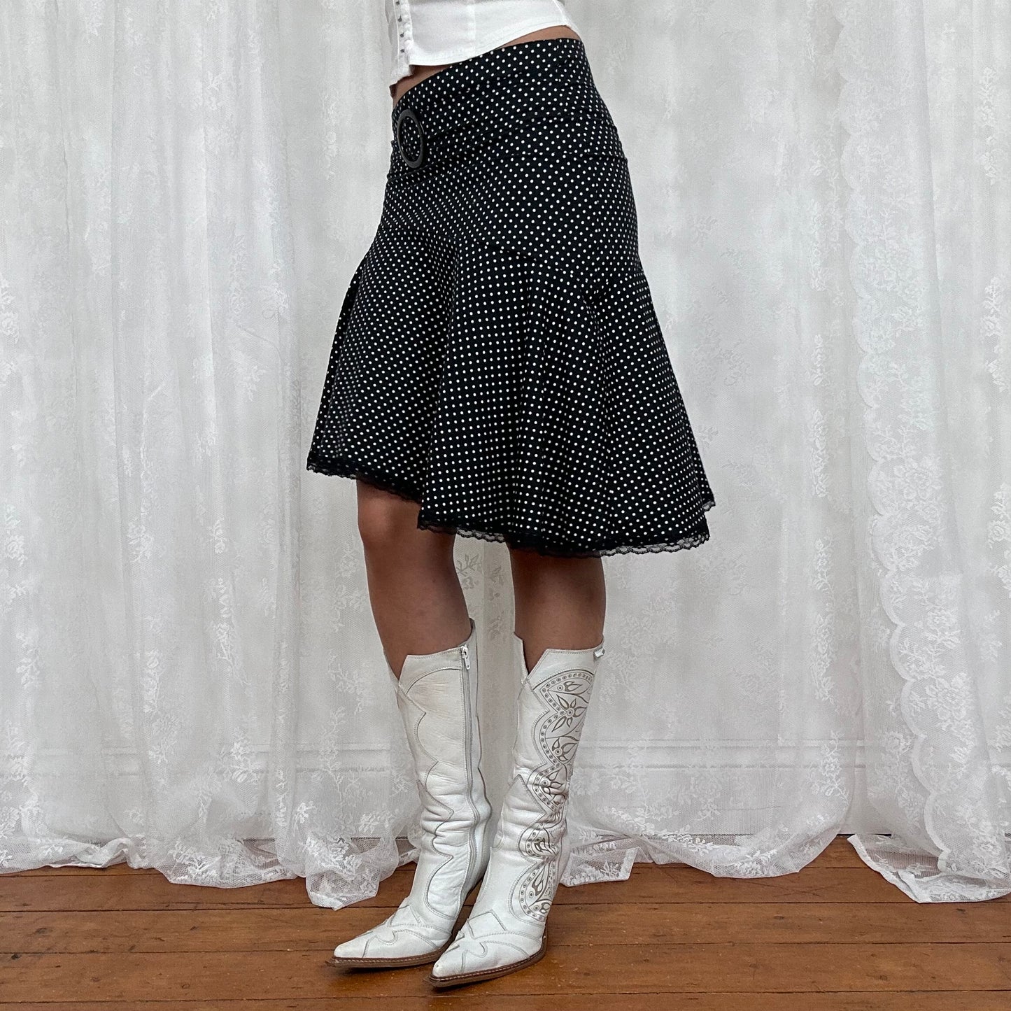 vintage 00s black polka dot asymmetrical midi skirt with belt