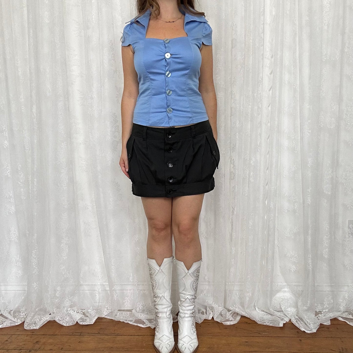 vintage 00s powder blue square neck short sleeve shirt