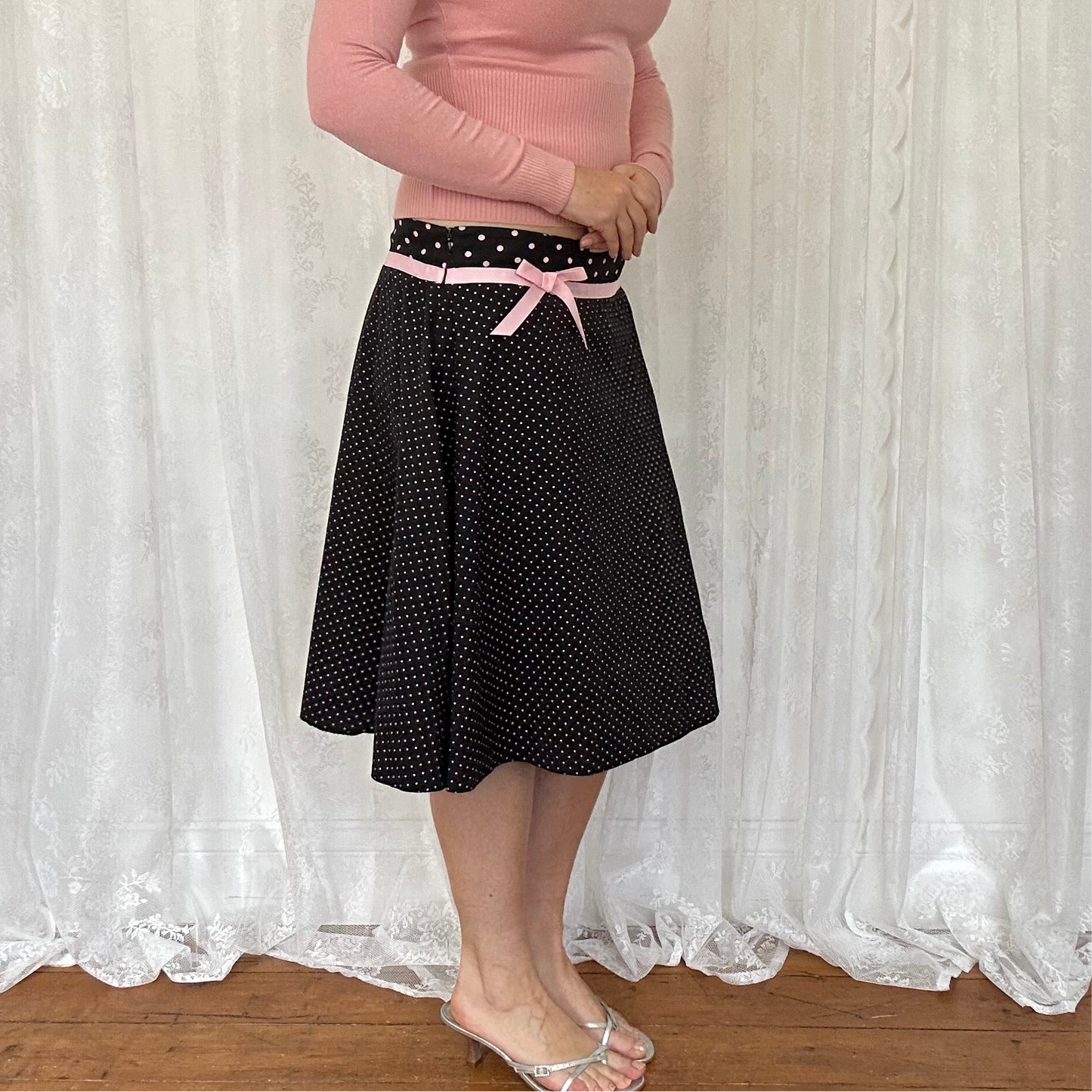 vintage 00s black and pink polka dot midi skirt
