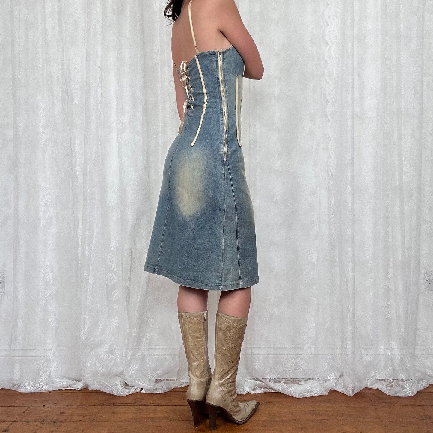 vintage 00s washed denim midi dress with beige inserts