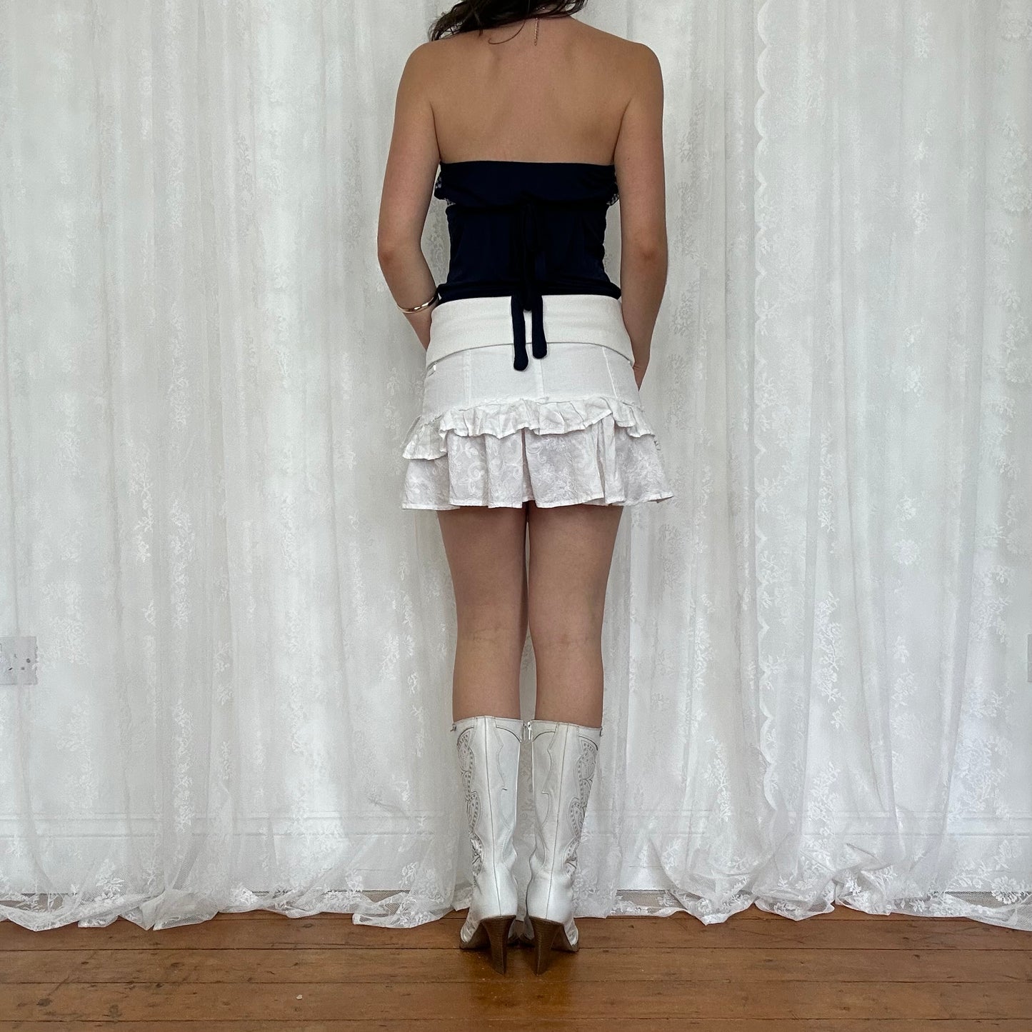 vintage 00s navy gingham strapless tie back top