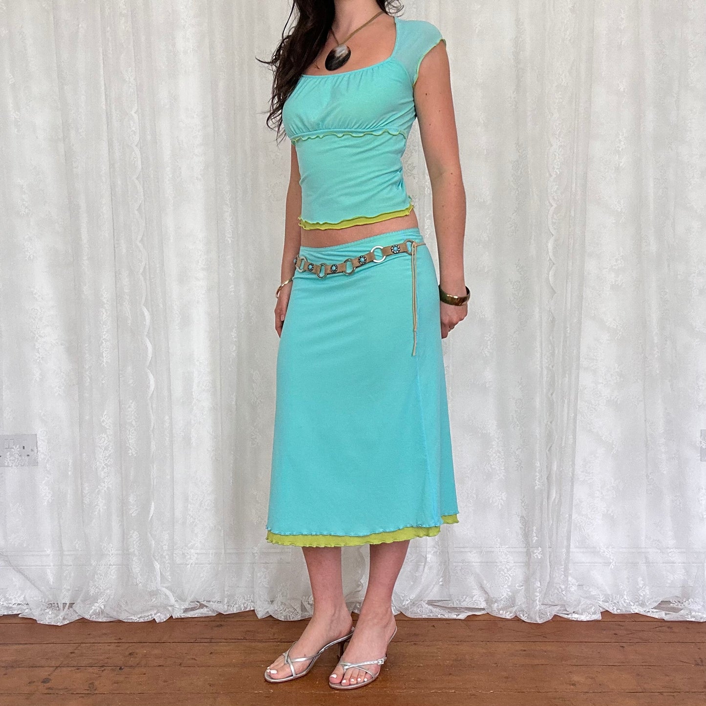 vintage 00s teal and lime green mesh milkmaid top and midi skirt co ord